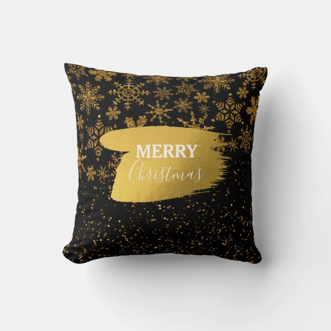 Zwarte en gouden snowflakes Stars Merry Kerstmis Kussen (Voorkant)