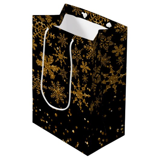 Zwarte en gouden snowflakes Stars Merry Kerstmis Medium Cadeauzakje (Voorkant Gekanteld)