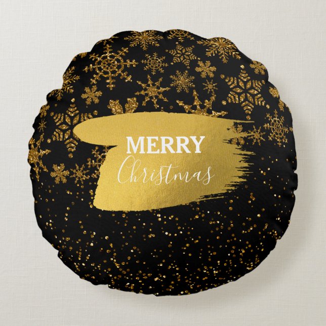 Zwarte en gouden snowflakes Stars Merry Kerstmis Rond Kussen (Voorkant)