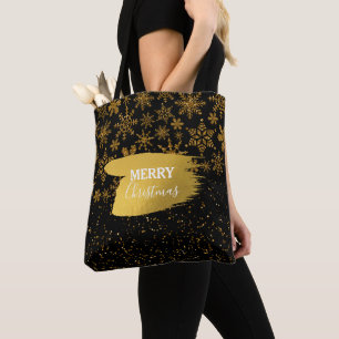 Zwarte en gouden snowflakes Stars Merry Kerstmis Tote Bag