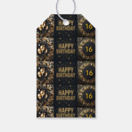 Zwarte en Gouden Sparkle Ballon Happy Birthday Cadeaulabel