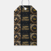 Zwarte en Gouden Sparkle Ballon Happy Birthday Cadeaulabel (Achterkant)