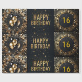Zwarte en Gouden Sparkle Ballon Happy Birthday Cadeaupapier (Vlak)