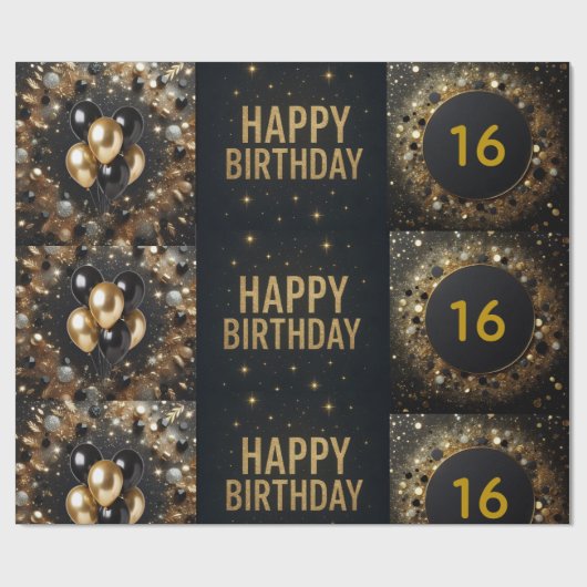 Zwarte en Gouden Sparkle Ballon Happy Birthday Cadeaupapier (Vlak)