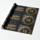 Zwarte en Gouden Sparkle Ballon Happy Birthday Cadeaupapier (Uitgerold)
