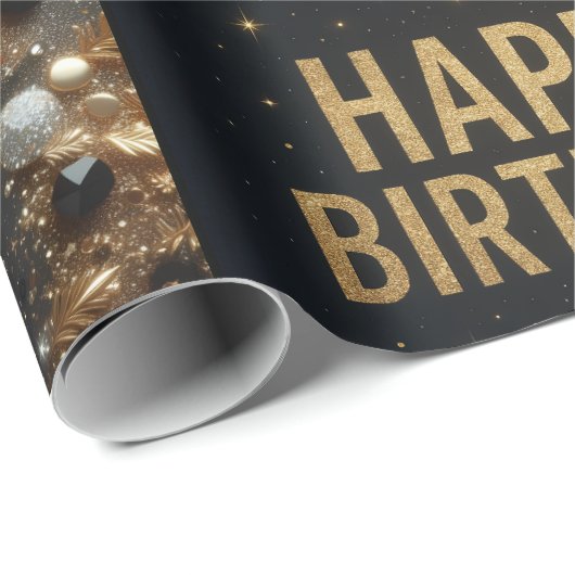 Zwarte en Gouden Sparkle Ballon Happy Birthday Cadeaupapier (Rol Hoek)