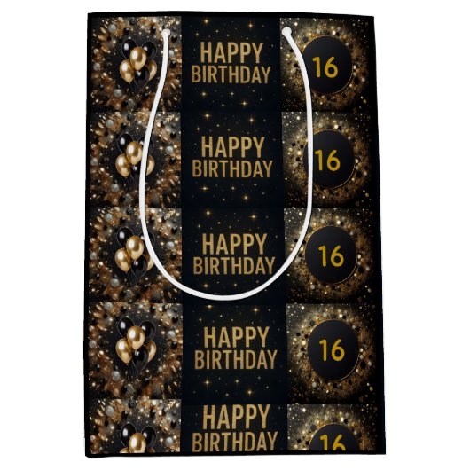 Zwarte en Gouden Sparkle Ballon Happy Birthday Medium Cadeauzakje (Voorkant)