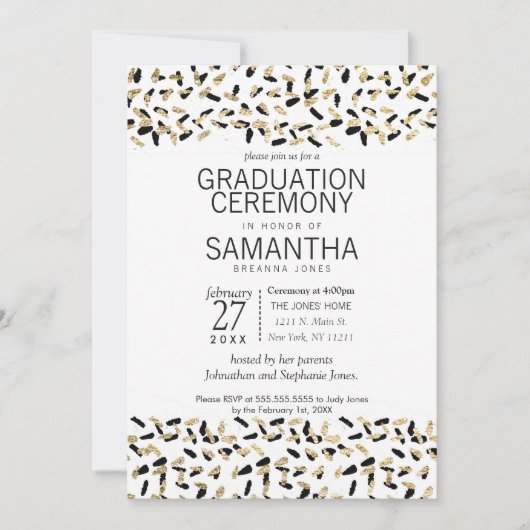 Zwarte en gouden spetters afstudeerceremonie uitno kaart (Voorkant)