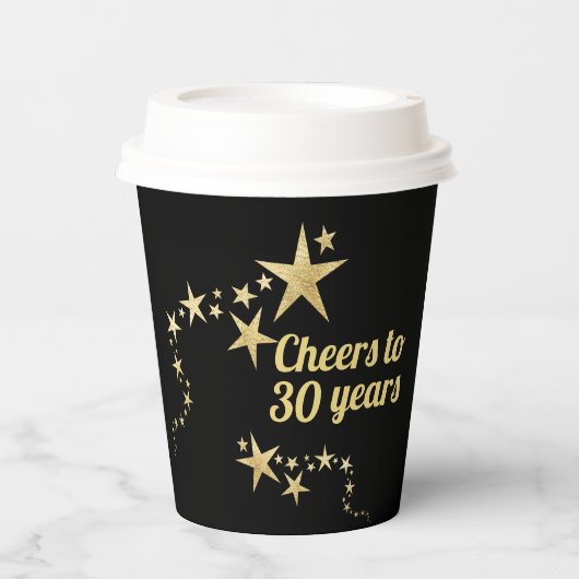 Zwarte en gouden sterren tot 30 jaar 's avonds papieren bekers (Voorkant)