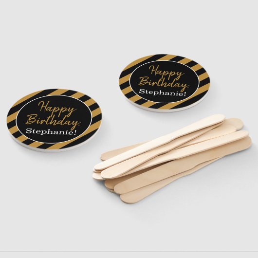 Zwarte en gouden strepen met een witte feestdag handwaaier (Niet-gemonteerd)