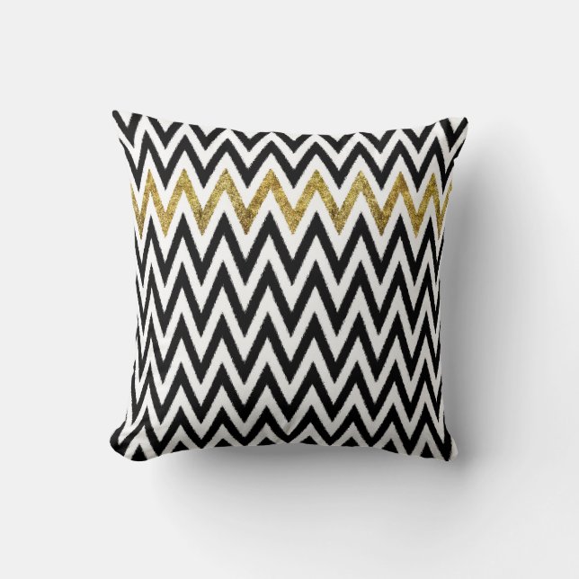 Zwarte en gouden stripes Chevron Kussen (Voorkant)