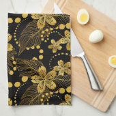 Zwarte en gouden tropische bladeren en bloesems theedoek (Quarter Fold)