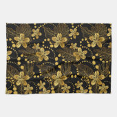 Zwarte en gouden tropische bladeren en bloesems theedoek (Horizontaal)