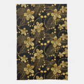 Zwarte en gouden tropische bladeren en bloesems theedoek (Verticaal)