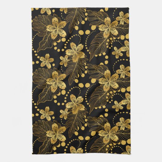 Zwarte en gouden tropische bladeren en bloesems theedoek (Verticaal)