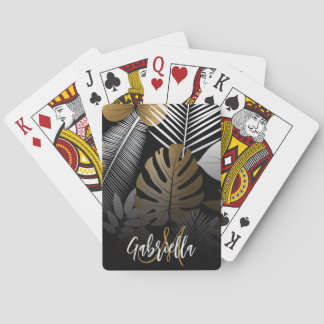 Zwarte en gouden tropische bladeren pokerkaarten