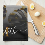 Zwarte en gouden tropische bladeren theedoek (Quarter Fold)