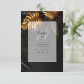 Zwarte en gouden tropische bruiloft RSVP kaartje (Staand voorkant)