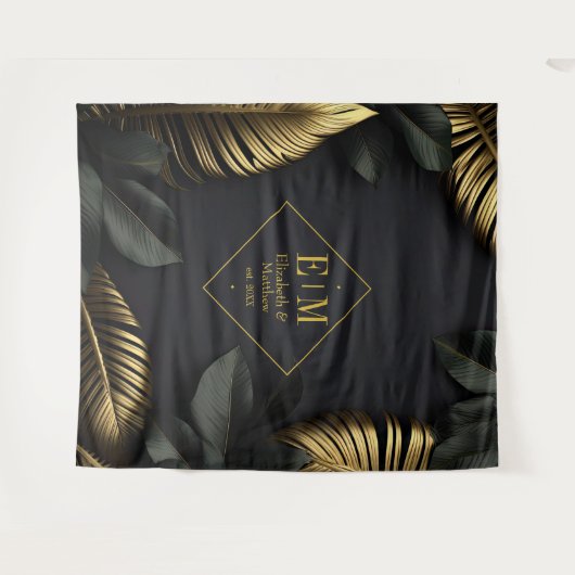 Zwarte en gouden tropische bruiloft wandkleed (Voorkant (horizontaal))