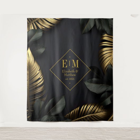 Zwarte en gouden tropische bruiloft wandkleed (Voorkant)