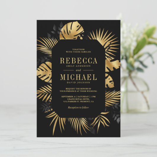 Zwarte en gouden tropische palm alles in één bruil kaart (Staand voorkant)
