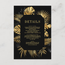 Zwarte en gouden tropische palm bruiloft details