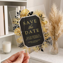 Zwarte en gouden tropische palm trouwkaart Save th