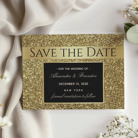 Zwarte en gouden trouwdag met glamour save the date