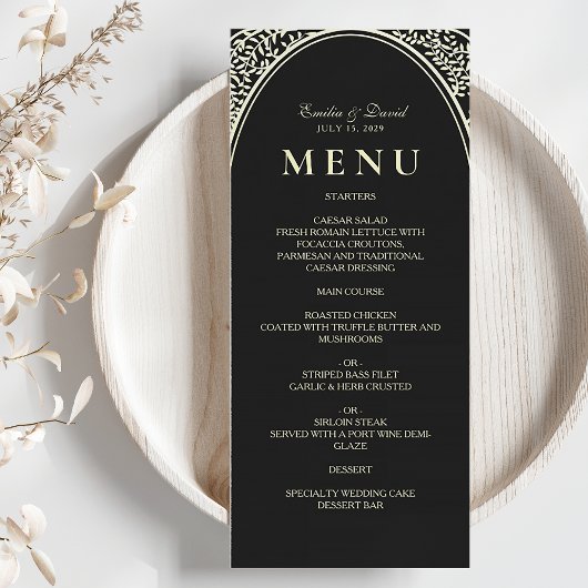 Zwarte en Gouden Trouwdinermenu uit het Verleden Menu