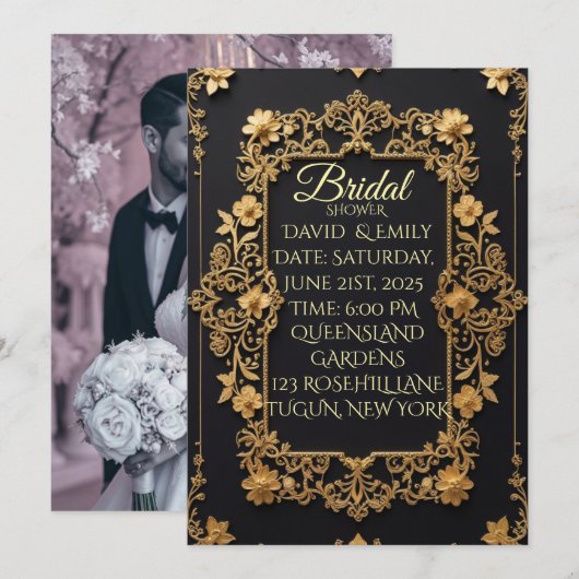 Zwarte en gouden trouwuitnodiging met koninklijke  kaart (Voorkant / Achterkant)