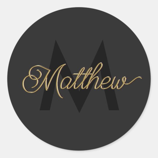 Zwarte en gouden typografie Voeg naam & monogram t Ronde Sticker (Voorkant)