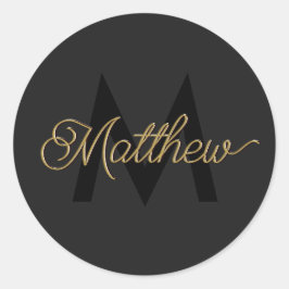 Zwarte en gouden typografie Voeg naam & monogram t Ronde Sticker