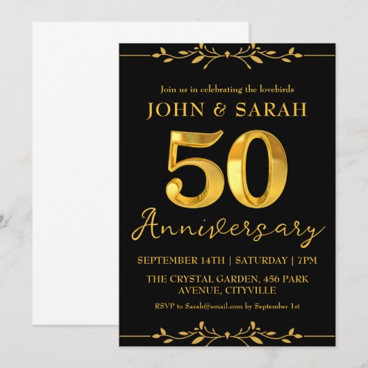 Zwarte en gouden uitnodigingen voor 50-jarig jubil (Voorkant / Achterkant)