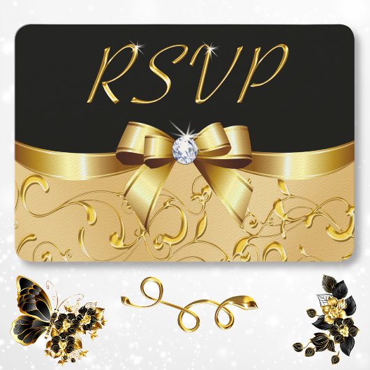 Zwarte en Gouden Uitnodigingskaarten, Aanpasbaar,  RSVP Kaartje