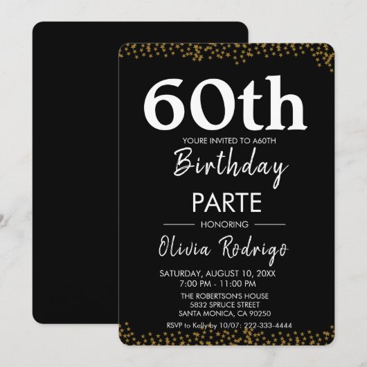 Zwarte en gouden verjaardagsuitnodiging, bewerkbaa kaart (Voorkant / Achterkant)