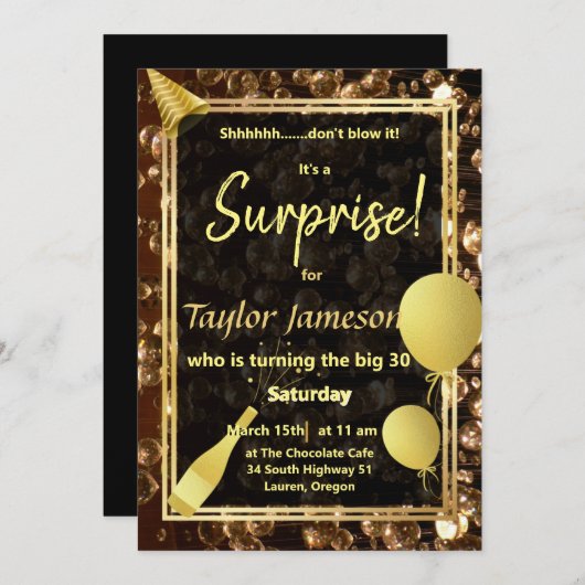 Zwarte en gouden verrassing met ballonnen QR rsvp Kaart (Voorkant / Achterkant)