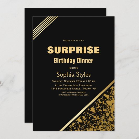 Zwarte en gouden verrassingsdiner voor verjaardag kaart (Voorkant / Achterkant)