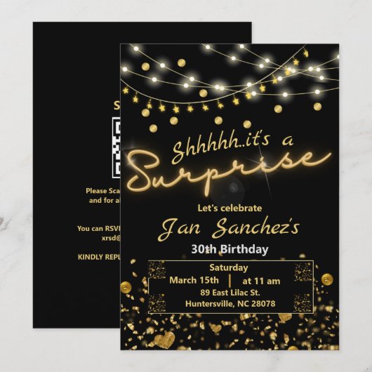 Zwarte en gouden verrassingsuitnodiging met QR-cod Kaart (Voorkant / Achterkant)