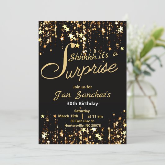 Zwarte en gouden verrassingsuitnodiging met QR rsv Kaart (Staand voorkant)