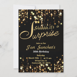 Zwarte en gouden verrassingsuitnodiging met QR rsv Kaart