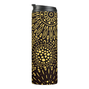 Zwarte en gouden vintage etnische bloempatroon thermosbeker