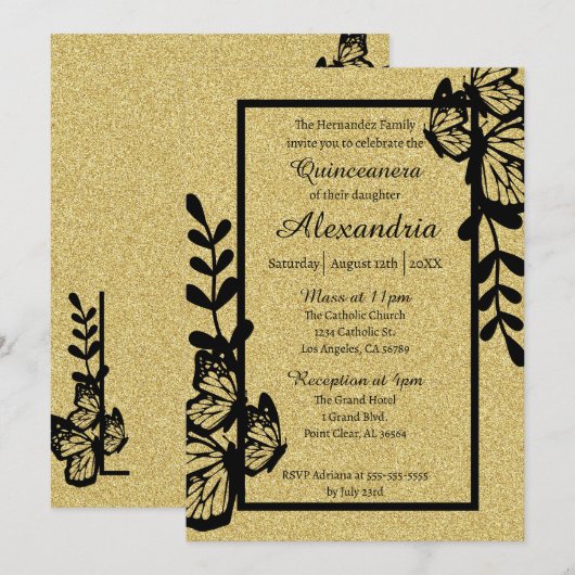 Zwarte en gouden vlinder Quinceanera Kaart (Voorkant / Achterkant)