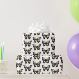 Zwarte en Gouden Vlinder Witte Patroon Halloween Cadeaupapier