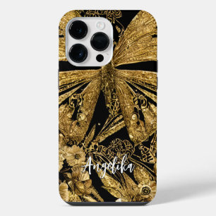 Zwarte en Gouden Vlinders iPhone 14 Pro Max Hoesje
