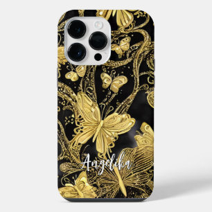Zwarte en Gouden Vlinders Persoonlijke Naam iPhone 14 Pro Max Hoesje