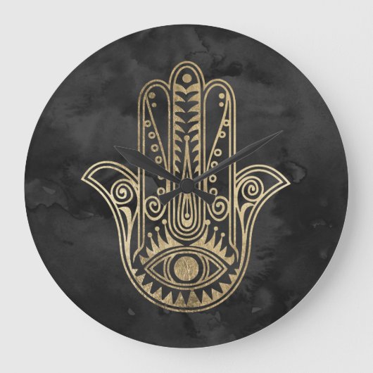 Zwarte en gouden waterverf hamsa hand van Fatima Grote Klok (Voorkant)