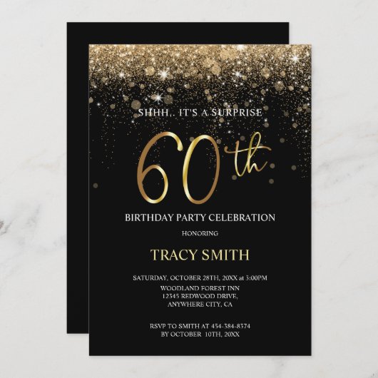 Zwarte en goudglitter 60ste verrassingsdag Invi Kaart (Voorkant / Achterkant)