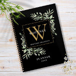 Zwarte en goudgroene bladzijden monogram naam 2023 planner<br><div class="desc">Elegant waterverf greenery monogram naam 2023 planner met een gouden monogram initiaal. Ontworpen door: Thisnotme©</div>