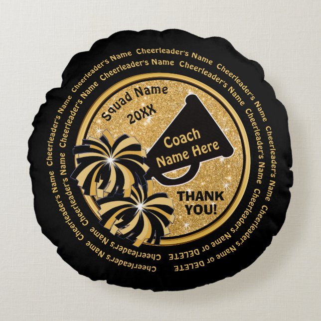 Zwarte en goudkleurige Coach-appreciatie Gift Chee Rond Kussen (Voorkant)