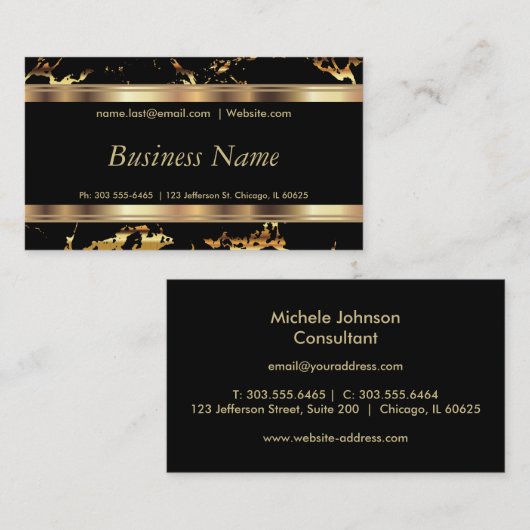 Zwarte en goudmarmer en legante goudbalken visitekaartje (Voorkant / Achterkant)
